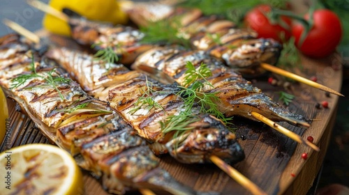 Grilled skewers of mackerel with lemon.Grilled fish kebab  photo