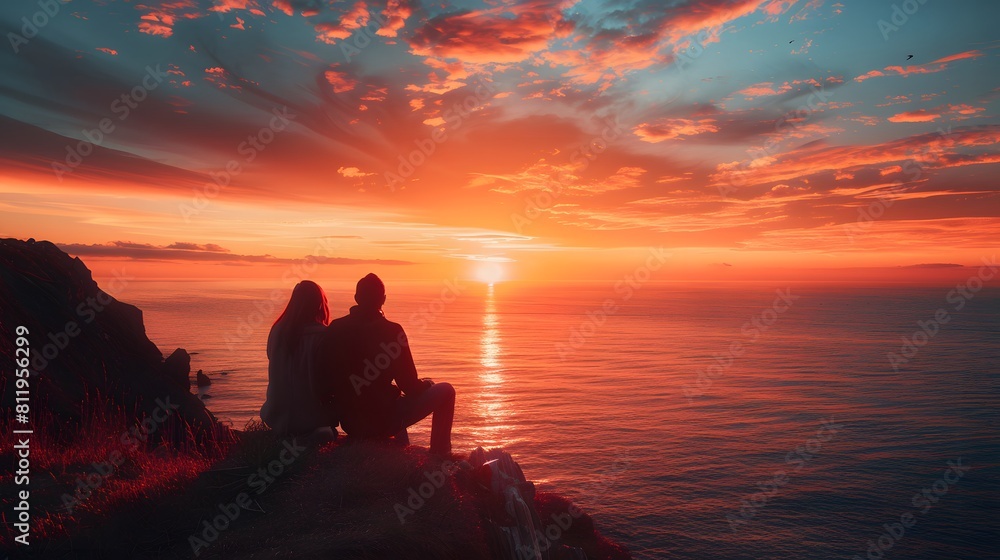 An elderly couple sitting on the edge overlooking the sea, watching the sunset, a beautiful sky with hues of orange and pink, creating a serene atmosphere.

