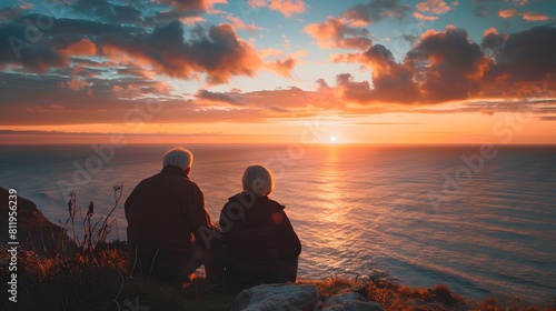 An elderly couple sitting on the edge overlooking the sea, watching the sunset, a beautiful sky with hues of orange and pink, creating a serene atmosphere. 