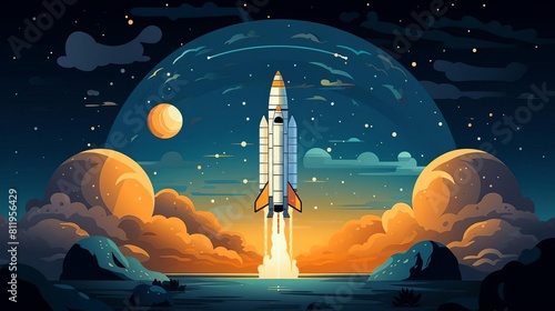 Space rocket launch flat design top view mission start theme animation vivid