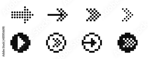 Arrow pixel icon set. Arrows pixelated vector icons.
