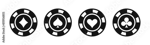Casino chip vector icon set. Ace, spade, diamond and club gambling icons.