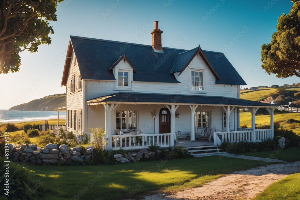 House against natural landscape. A house sits in the middle of a green field under a clear blue sky. House against natural landscape. A house sits in the middle of a green field under a clear blue sky.