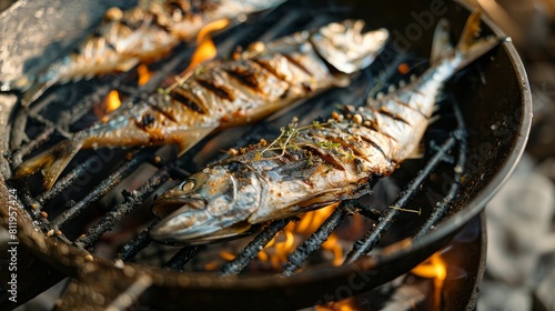 Hot mackerel fish on a grilling pan, with herb spices on coal fire 