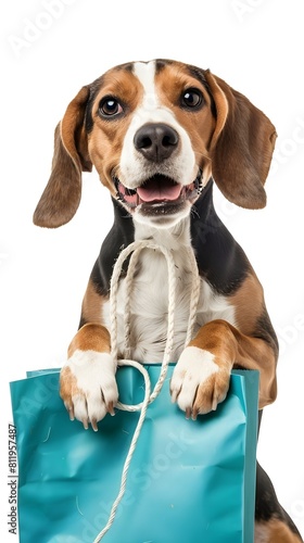 beagle dog sitting in front of white background shopping bag