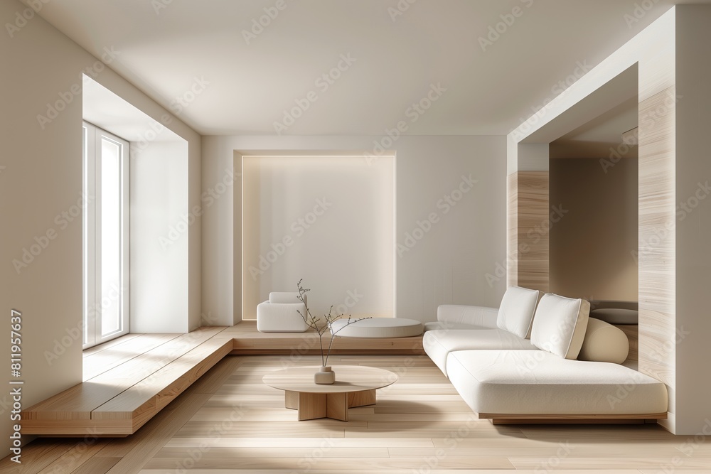 Fototapeta premium Minimalist and modern home interior design with a white couch in a living room with white walls and a wooden coffee table in the middle, light comes in through the windows