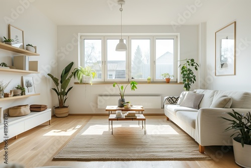 Minimalist and modern home interior design. White couch in a living room with plants  big windows and white walls  light comes in through the windows