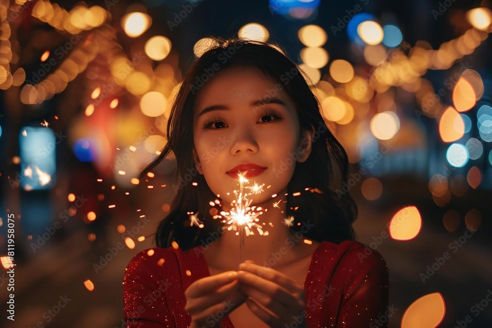 Young Asian Woman Sparkles at New Year's Eve Celebration Young Asian Woman Sparkles at New Year's Eve Celebration