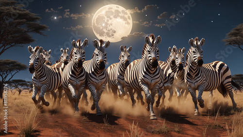 zebras running across the savanna at night with moon