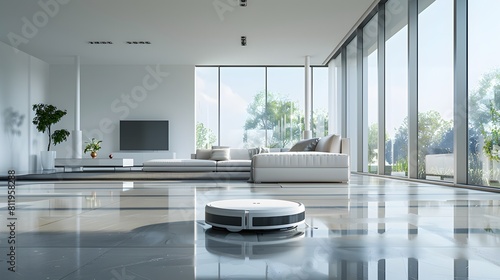 A smart robot vacuum cleaner is cleaning the living room  which has white walls and gray floors. The background features modern furniture. 