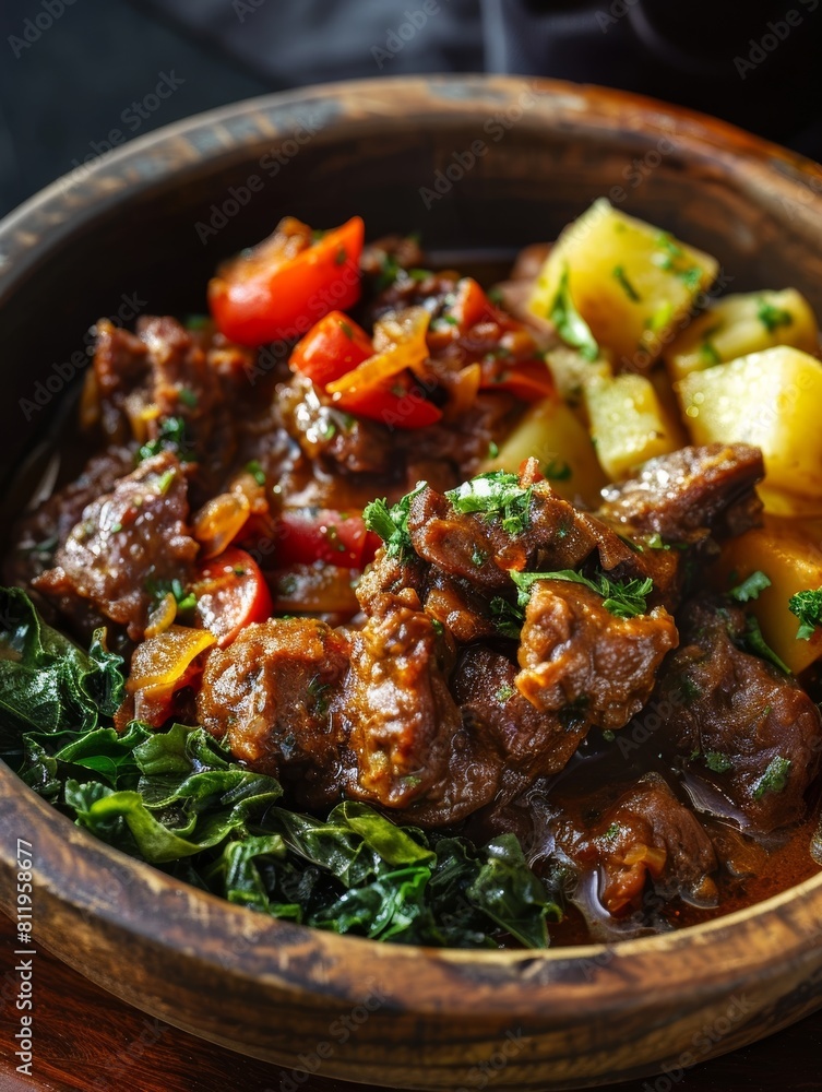 Zimbabwean sadza in a wooden bowl, with a side of greens and meat stew. A traditional and hearty dish from Zimbabwe. Zimbabwean sadza in a wooden bowl, with a side of greens and meat stew. A traditional and hearty dish from Zimbabwe.