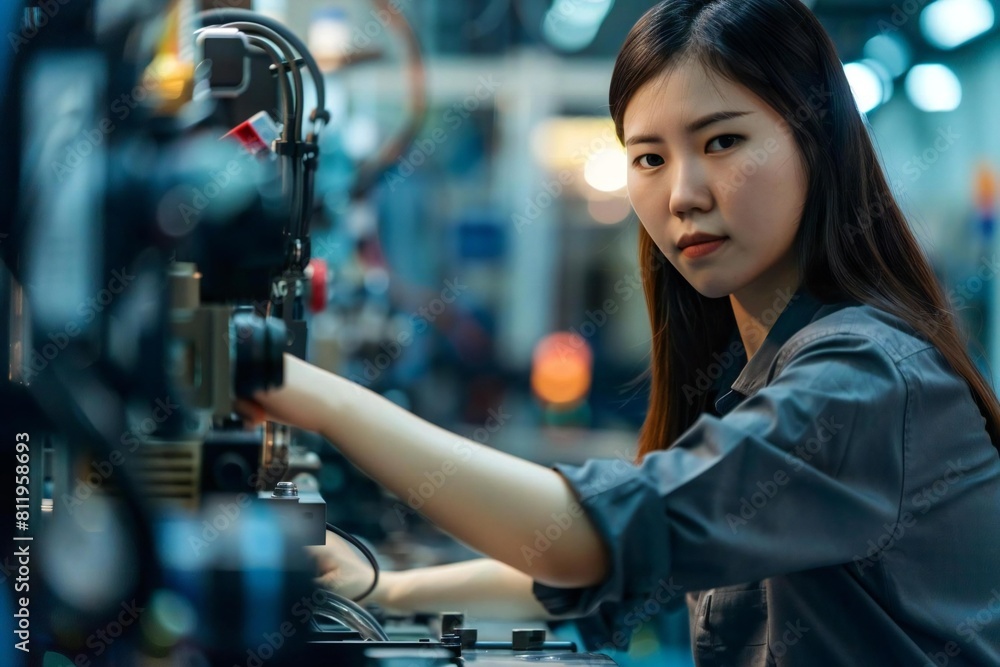 Young Asian Woman Working in an Automated Production Line at an Auto Plant: Industrial Robotics and Manufacturing Technology Young Asian Woman Working in an Automated Production Line at an Auto Plant: Industrial Robotics and Manufacturing Technology