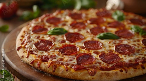 A pepperoni pizza on a wooden table with melted cheese and fresh basil leaves 