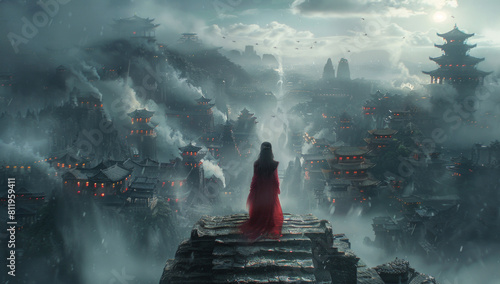 Red Clothed Girl on Stone Platform Under Moonlight in Chinese Temple