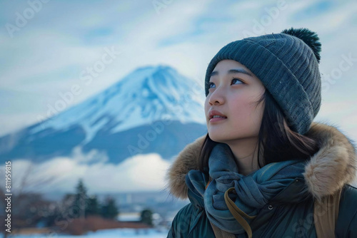 Young Asian Woman Captivated by Mount Fuji's Majestic Presence in Japan's Scenic Beauty