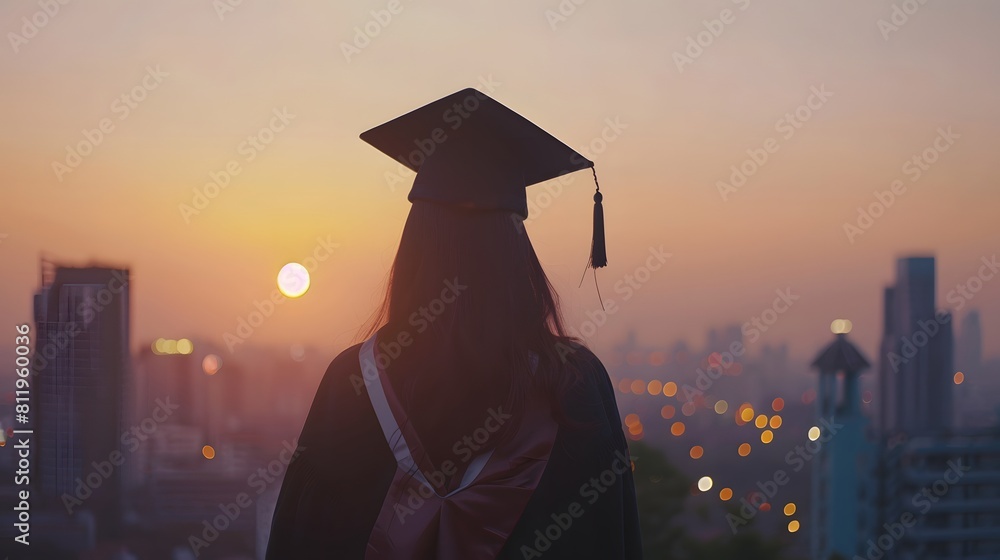 Cinematic photo of an woman wearing graduation cap, looking at the sunset in her city Cinematic photo of an woman wearing graduation cap, looking at the sunset in her city