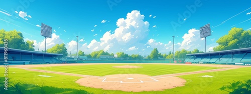 A cartoon style baseball field with stands and trees in the background. 