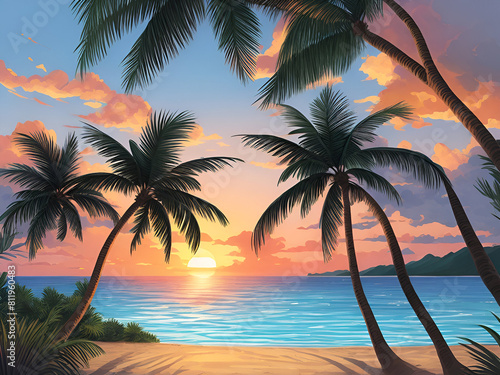 tropical sunset with trees landscape background