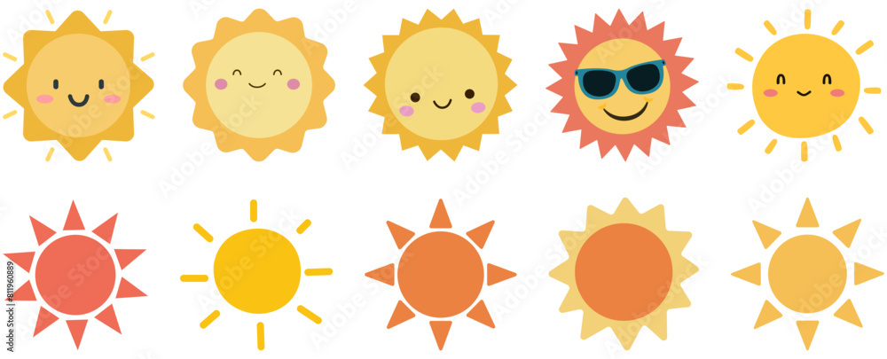 Cute sun vector icon set isolated on white background. Cute sun vector icon set isolated on white background.