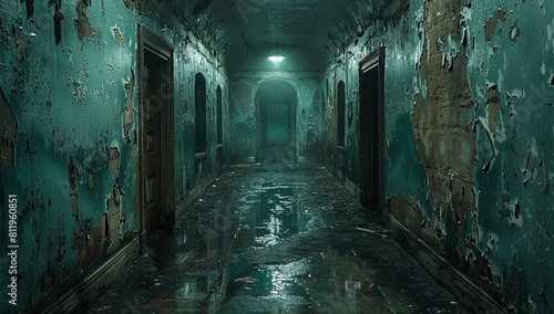 Mysterious Abandoned Hospital Corridor with Peeling Teal Paint on Walls