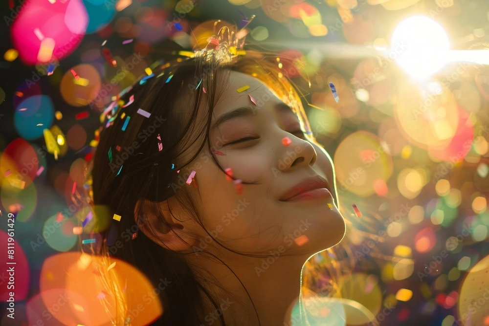 Young Asian Woman Shining in Vibrant Concert Lights and Confetti Young Asian Woman Shining in Vibrant Concert Lights and Confetti