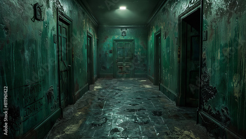 Ghostly Dark Corridor with Teal Peeling Paint: Abandoned Hospital Vibes