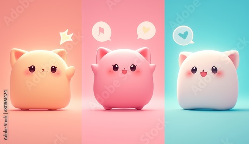 cartoon, a group of cute marshmallow characters having a conversation with speech bubbles