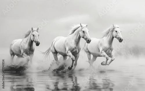 Three white horses galloping through misty waters in a monochrome setting.