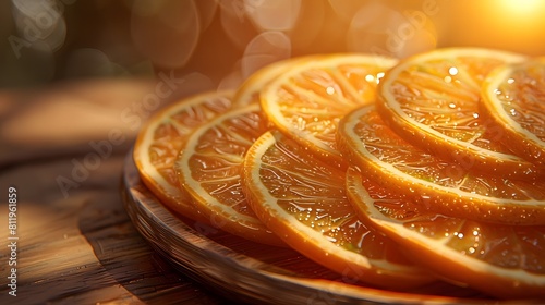 Orange slices on a wooden plate against an orange background with orange light and shadow. 