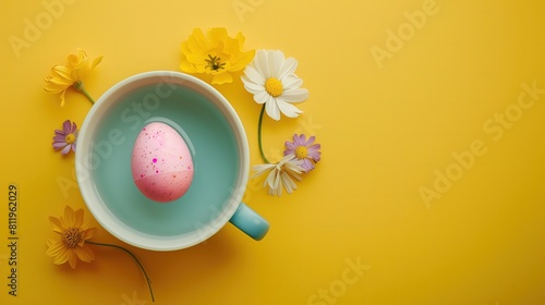 W różowo-białym jajku znajdującym się w kubku obok kwiatów, karlito obserwuje nadejście wiosny photo