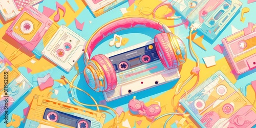 90s music collage  cassette tape  boombox  headphones 