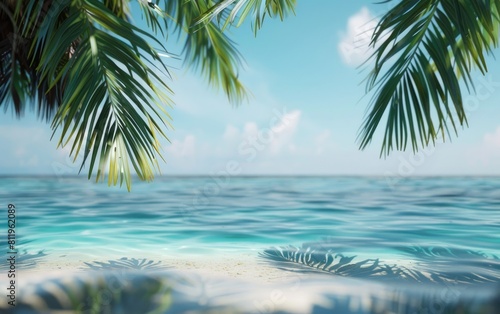 Tropical beach with clear waters, blue skies, and lush palm fronds.