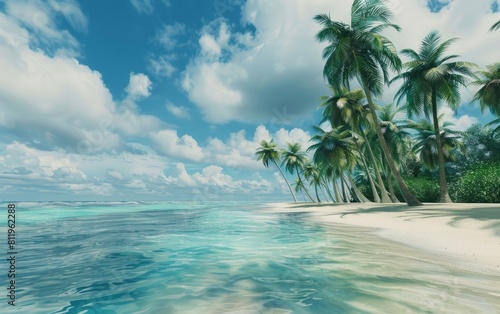 Tropical beach with tall swaying palm trees and tranquil ocean waters under cloudy sky.