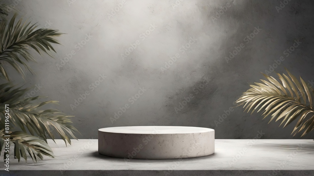Minimalist round stand on table with plant placed in front of it in a room with blank wall mockup Minimalist round stand on table with plant placed in front of it in a room with blank wall mockup
