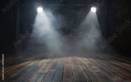 Two dramatic spotlights illuminate a wooden stage in a dark empty space.