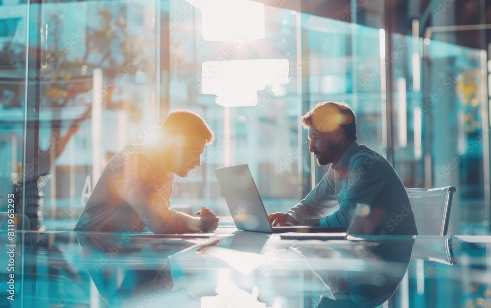 © OLGA - Two professionals collaborating intensively over a laptop in a sunny office.
