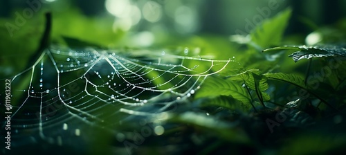 Glistening Spider Web: Delicately Woven, Dew-Kissed Beauty of Nature Captured in Morning Light, Symbolizing Fragility and Resilience in Perfect Harmony with the World.