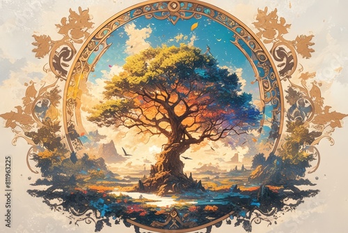 A beautiful illustration of an ancient tree with colorful leaves, surrounded by nature