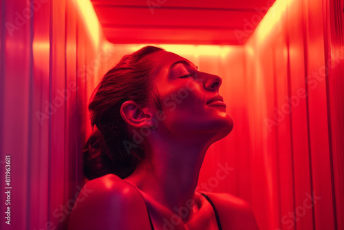 Woman enjoying a serene moment in an infrared sauna, absorbed in the warmth and glow for health and wellness