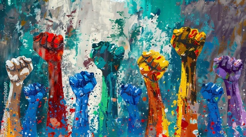 The painting depicts colorful clenched fists raised in the air, symbolizing protest, strength, freedom, and revolution. The vibrant colors contrast with the theme of struggle and oppression, conveying