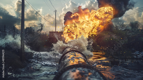A ruptured gas pipeline causing environmental destruction. Concept Disaster Photography, Environmental Crisis, Incident Response, Emergency Management, Natural Disasters. Generative AI illustration