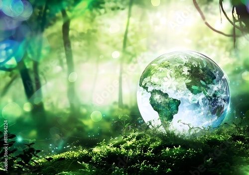 Translucent Earth Globe Resting on Moss-Covered Forest Floor, Reflecting Nature's Beauty - Environmental Care Concept 