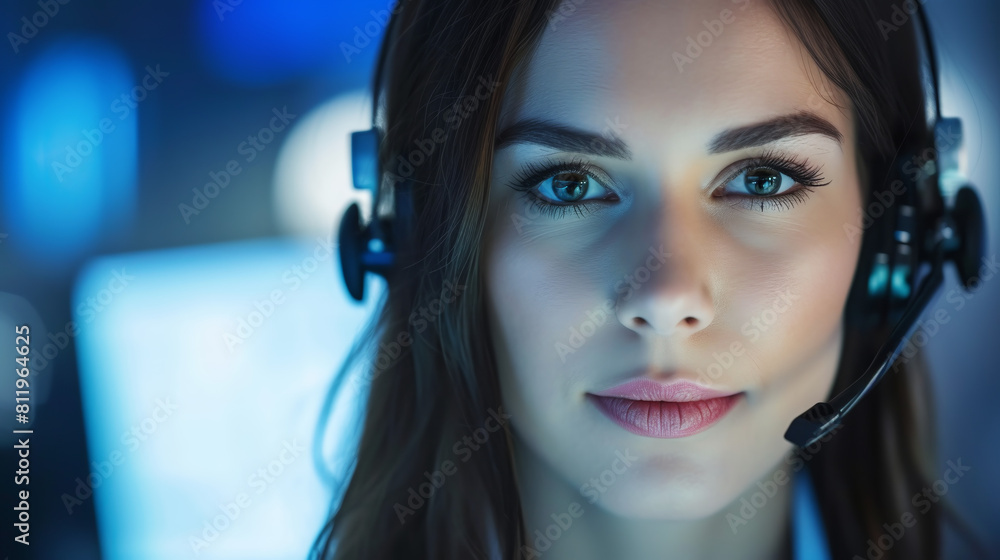 A young woman works in a call center. She answers calls. She helps people. She answers questions. Communication. A young woman works in a call center. She answers calls. She helps people. She answers questions. Communication.