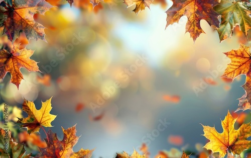 Vibrant autumn leaves frame a central blank space with seasonal text. © OLGA