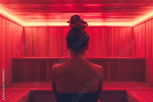 Woman enjoys the calming warmth in an infrared sauna, embracing wellness and relaxation in a serene, glowing red ambience photo