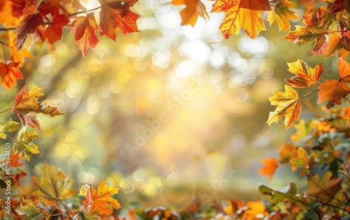 Vibrant autumn leaves frame a central blank space with seasonal text.