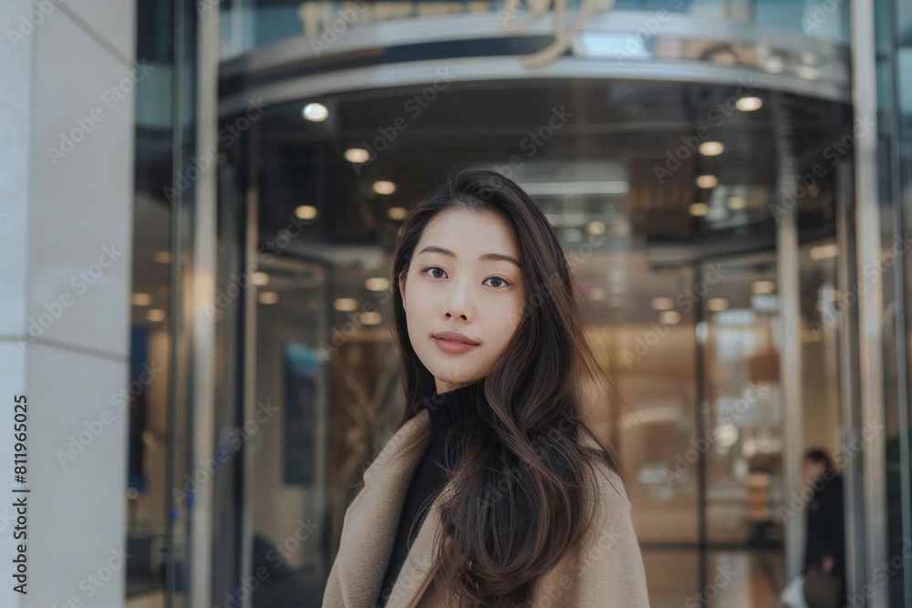 Young Asian Woman Posing in Front of Luxurious Corporate Headquarters with Glass Entrance Young Asian Woman Posing in Front of Luxurious Corporate Headquarters with Glass Entrance
