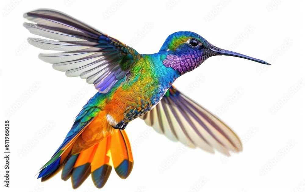 Vibrant hummingbird in flight, wings spread, isolated on white.