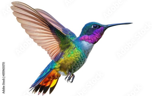 Vibrant hummingbird in flight, wings spread, isolated on white.