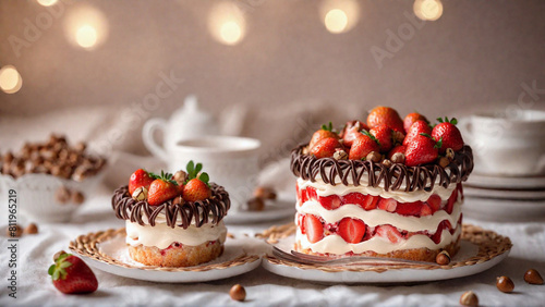Gâteau à la fraise et aux chocolats avec des pépites d'amandes posés sur un lit dans un panier tressé en liane photo